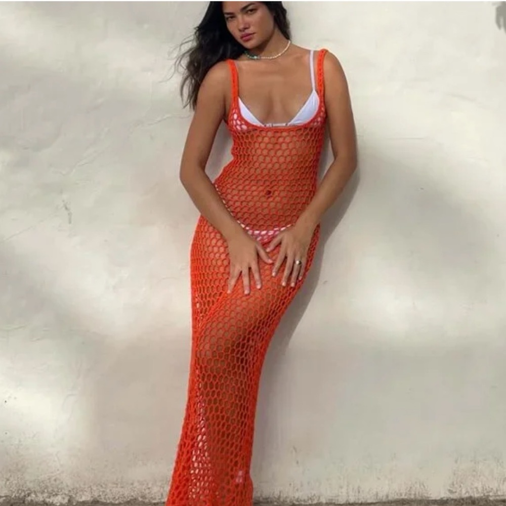 Tiger Mist Orange Crochet Maxi Dress